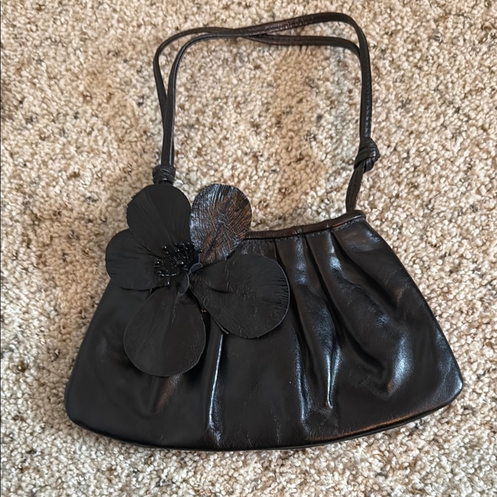 Black Floral Accent Leather Evening Bag - Women's